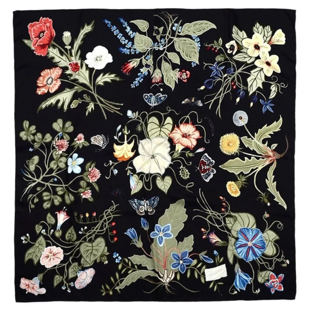 New Gucci Flora Kris Knight Black Silk Scarf